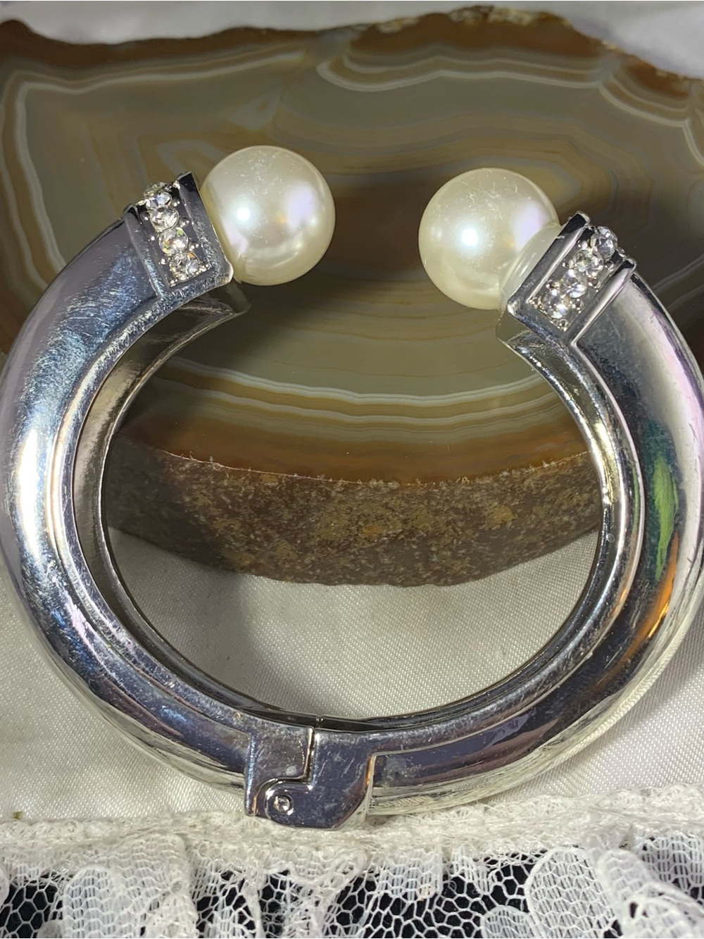 Silver-Tone Hinged Bracelet with faux  Pearl End Caps and Rhinestones